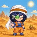A chibi-style cartoon character wearing an orange and white striped outfit, headband, and green goggles stands in a desert landscape under a bright sun. The image accompanies a post celebrating a new NFT mint, with the character symbolizing the freshly minted digital asset ready to be shared.
