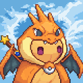 A cartoon illustration of an orange dragon-like creature (Charizard) with small wings against a blue sky background.