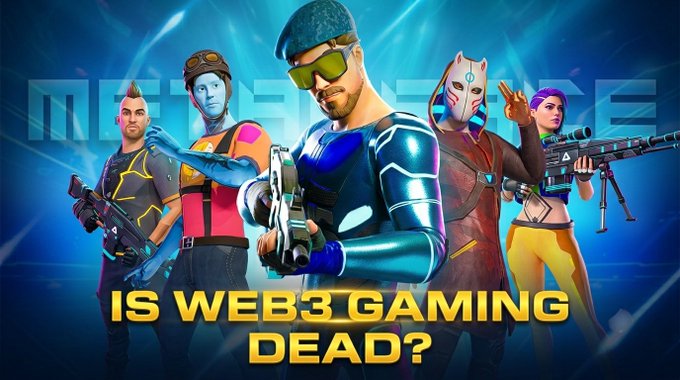 A thumbnail for a video titled 'IS WEB3 GAMING DEAD?' featuring four stylized 3D game characters holding weapons against a blue background.