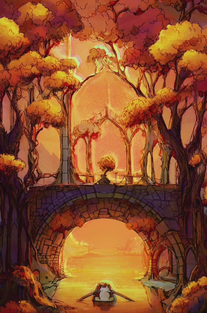 The image features a beautiful illustration of two people rowing a boat across a river, surrounded by trees with orange leaves. The sky above them has an orange hue, creating a warm and inviting atmosphere for their journey. In the background, there is a bridge that spans over the water, adding to the overall charm of the scene. The image also includes text that reads "I have just collected  Ink Tree 2" by @rodicqart on @objktcom Happy early birthday to you!".