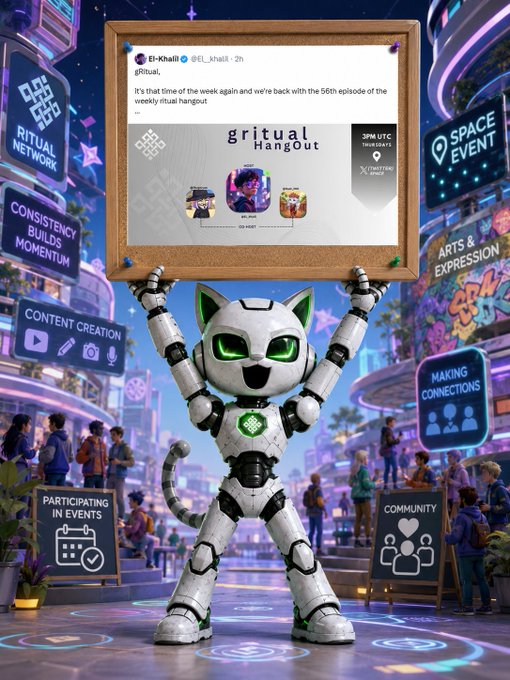 A digital promotional image shows a white robot cat holding up a sign for 'gritual Hangout', surrounded by various community and event tags like 'Ritual Network' and 'Content Creation'.