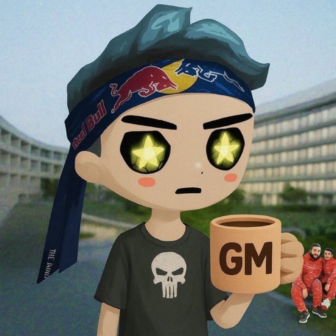 A cartoon character with star-shaped eyes wearing a Red Bull headband holds a mug labeled "GM", with a Punisher skull shirt.