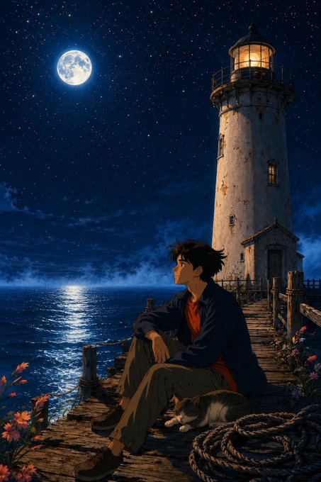 An anime-style illustration depicts a young man sitting on a wooden pier at night next to a sleeping cat, with a lit lighthouse and full moon over the ocean in the background.