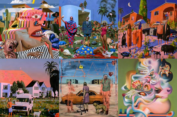 A collage of six surreal digital art pieces featuring vibrant colors, distorted figures, tropical scenes, and dreamlike compositions.
