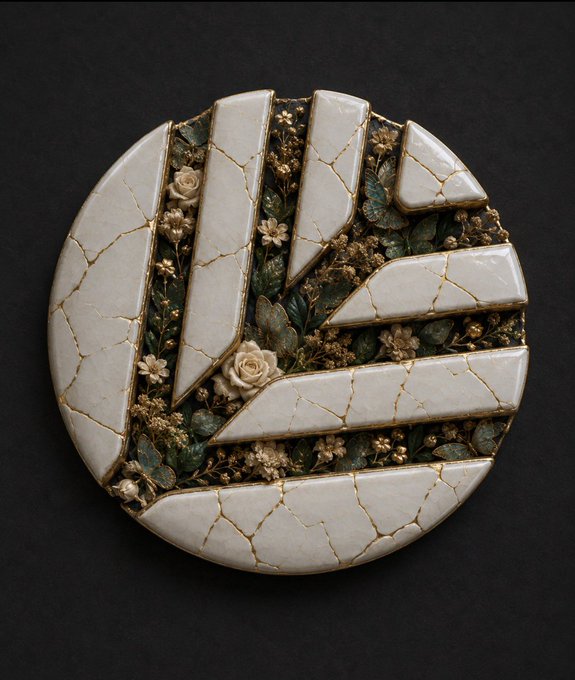 A decorative kintsugi-style circular artwork with a peace sign motif, featuring broken white ceramic pieces repaired with gold veins, surrounding a textured center with green leaves, gold flowers, and a small white rose.