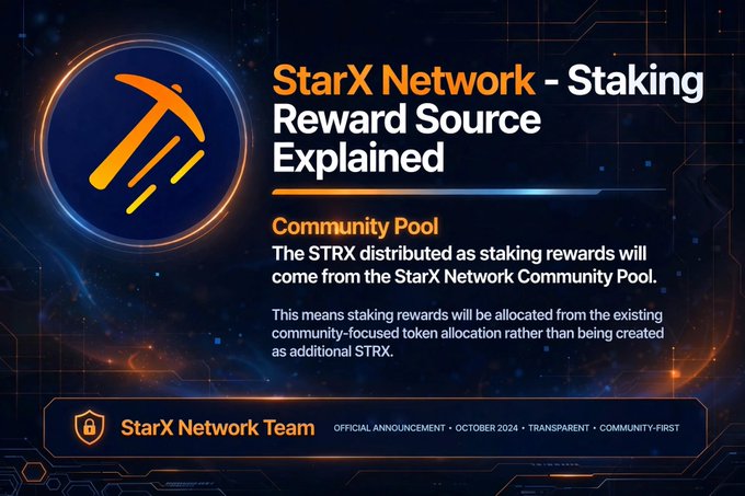 An announcement graphic titled "StarX Network – Staking Reward Source Explained," detailing that STRX staking rewards come from the Community Pool, branded with "StarX Network Team" and "October 2024."