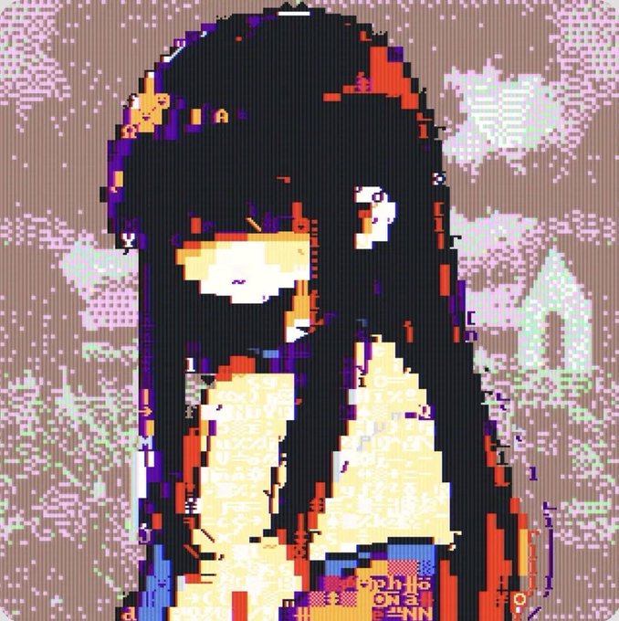 A heavily pixelated, glitch-art style image of a person with dark hair and sunglasses, with obscured facial features and distorted digital artifacts throughout.