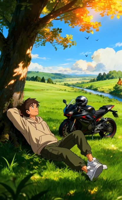 A young man relaxes under a tree beside a sleek black sportbike, gazing across a vibrant countryside with a winding river and rolling hills beneath a bright blue sky—evoking a sense of freedom and forward momentum. The image mirrors the post's theme of growth and utility, symbolizing a relaxed yet purposeful journey as @FIH_USD1 builds its crypto ecosystem.