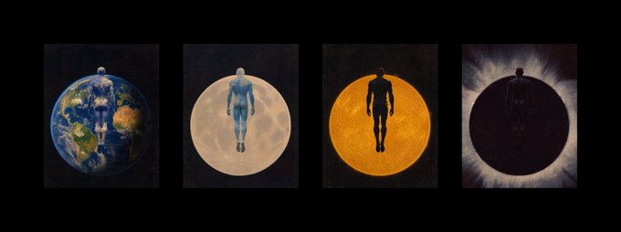 An artistic four-panel illustration showing a human figure silhouetted against, and merged with, celestial bodies: Earth, the Moon, the Sun, and a solar eclipse.