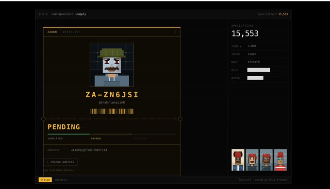 A terminal-style interface for 'ZADRx WHITELIST' showing pixel art character ID 'ZA-ZN6JSI' with status PENDING and applications count of 15,553.