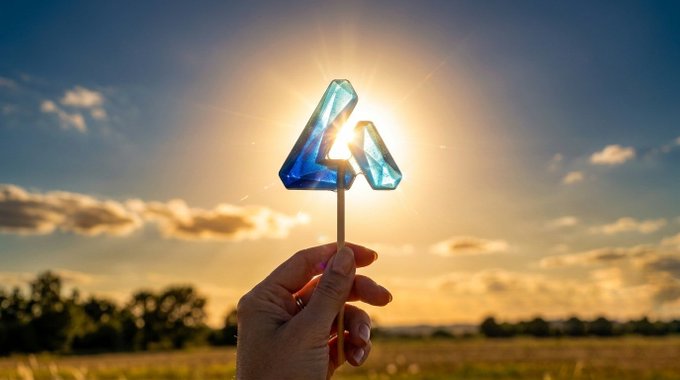 A hand holds up a crystalline, gem-like letter 'A' logo against a bright, sunlit sky over an open field.