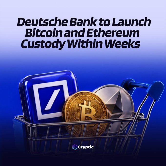 A shopping cart contains a Deutsche Bank logo tile alongside gold Bitcoin and silver Ethereum coins, with the headline "Deutsche Bank to Launch Bitcoin and Ethereum Custody Within Weeks" displayed above, visually representing the bank's upcoming entry into crypto custody services for Bitcoin (BTC) and Ethereum (ETH) as mentioned in the accompanying post.