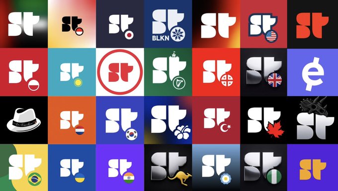 A grid collection of various channel logos featuring the letters 'st' in different styles, colors, and backgrounds with country flags, symbols, and themed designs.