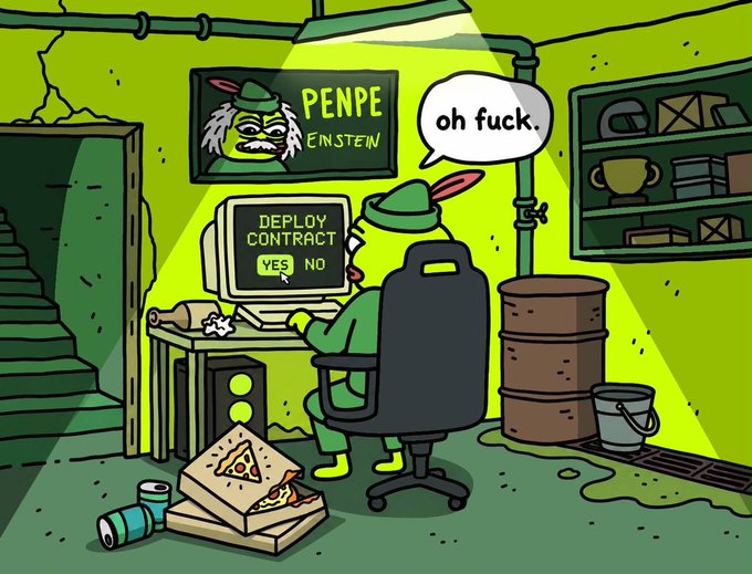 A cartoon illustration of a green rabbit-like character labeled 'PENPE EINSTEIN' sitting at a computer displaying 'DEPLOY CONTRACT YES NO', with a speech bubble saying 'oh fuck.'