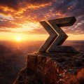 A large metallic Greek letter Sigma (Σ) sculpture stands on a rocky cliff at sunset, with a dramatic orange and yellow sky in the background.