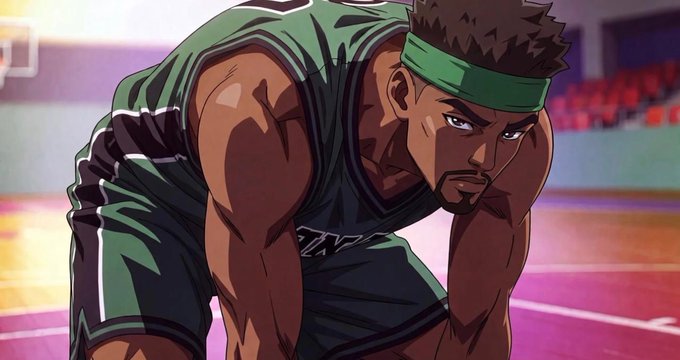 A muscular basketball player in a green jersey and headband crouches on the court with intense focus, hands on his knees, perfectly capturing the "Black Bull Mode" mindset of locked-in readiness and determination.