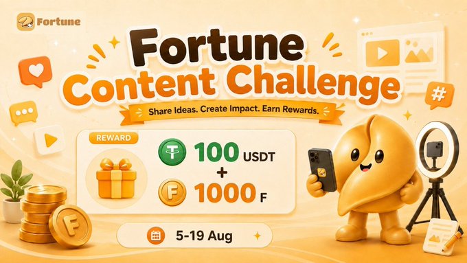 A promotional graphic for the "Fortune Content Challenge" featuring a cartoon mascot holding a smartphone and a ring light, with details showing rewards of 100 USDT + 1000 F points for 10 winners, running from August 5-19. The image visually reinforces the post's announcement of the Pre-TGE content creation contest, highlighting the prize pool and dates through its central reward banner and event branding.