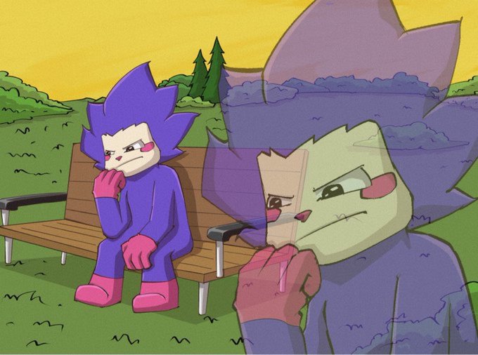 A cartoon scene featuring two purple-hooded characters sitting on a wooden bench in a grassy area, with one looking distressed.