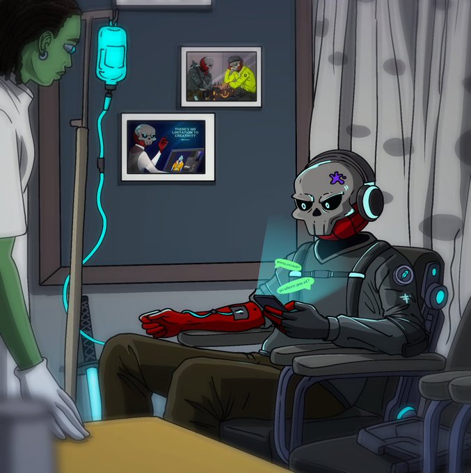 A cyborg-like figure wearing headphones sits in a chair texting on a phone while receiving an IV drip from a green-skinned attendant, with framed pictures on the wall including one that reads "THERE'S NO GLORY IN CREATIVITY." The image mirrors the post's theme of recovering from sickness and balancing creative pursuits with health, showing a character literally hooked up to medical equipment while still engaging with their digital/creative life.