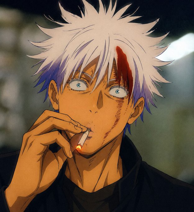 This anime-style image shows a character with white hair, blue streaks, and a bloody forehead, smoking a cigarette and looking shocked. It relates to the post by depicting the stressed-out aftermath of a poor investment decision, likely referencing "FOMO" and the risk of buying into volatile "cashcat" tickers on platforms like Robinhood.
