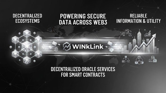 A grayscale version of the WinLink graphic reading 'DECENTRALIZED ECOSYSTEMS', 'POWERING SECURE DATA ACROSS WEB3', 'RELIABLE INFORMATION & UTILITY', and 'DECENTRALIZED ORACLE SERVICES FOR SMART CONTRACTS'.
