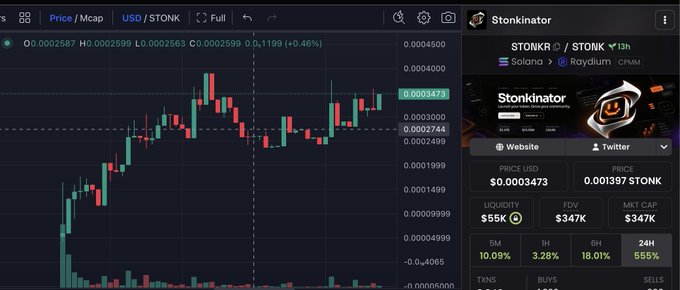 A cryptocurrency trading interface showing price charts and market data for the token 'StonkR / STONK' (also labeled 'Stonkigator'), with a current price of $0.0003473 USD, market cap of $347K, and liquidity of $55K.