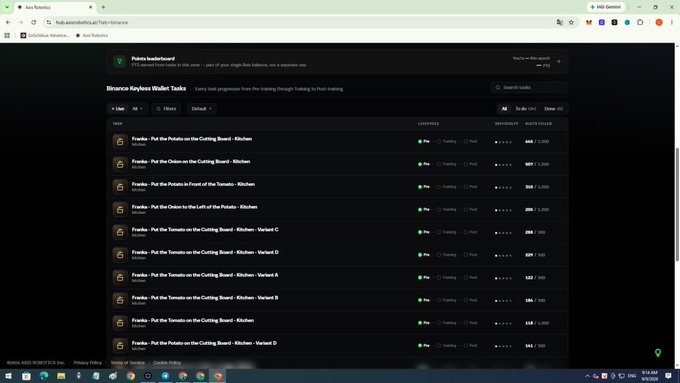 A screenshot of the Binance Wallet Tasks page shows the "Binance Keyless Wallet Tasks" featuring multiple "Franke - Put the Potato on the Cutting Board - Kitchen" tasks with varying difficulty levels (1-8) and point rewards ranging from 120 to 600 points each, currently in "Pending" status. This illustrates the post's claim about tasks disappearing quickly, as the user had to rush through completing these limited Axis Robotics tasks to earn points from Binance Wallet's 750k point distribution.