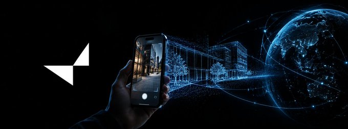A hand holds a smartphone displaying a street view, with blue digital wireframe graphics extending to a globe on the right and a white geometric logo on the left.