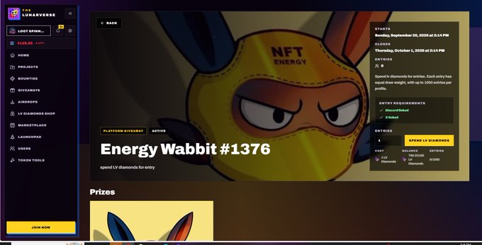 A screenshot of the 'Lunarverse' NFT marketplace displaying 'Energy Wabbit #1376', a yellow cartoon rabbit character with details like 'PLATFORM DISCOVERY', entry requirements, and entry fees visible.
