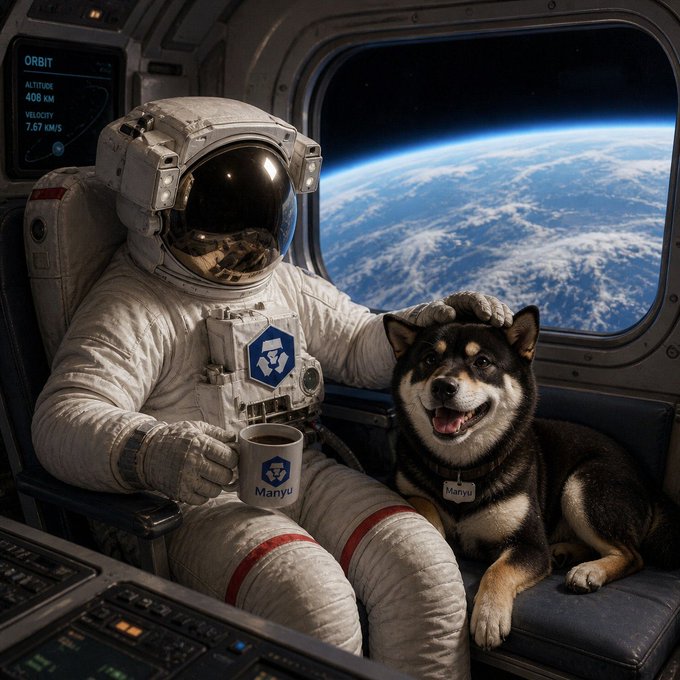 The image features an astronaut wearing a white spacesuit, sitting inside a spaceship with his dog by his side. The dog appears to be enjoying the ride as well. In front of them, there are two cups - one containing coffee for the astronaut and another filled with water for the dog. A computer screen is also visible in the background, suggesting that they might be aboard a space station or on a mission.