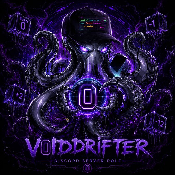 A dark purple graphic for "VOIDDRIFTER DISCORD SERVER ROLE" featuring an octopus-like creature wearing a cap with code displayed on it, surrounded by floating cubes labeled "BLOCK 0", "+1", "-1", "+2", and "-12".