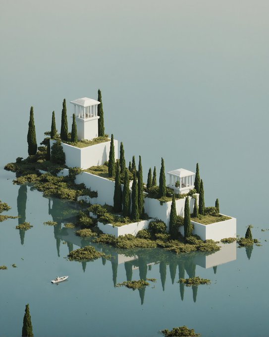 An artistic rendering of a serene island featuring white classical-style structures and cypress trees, reflected in calm blue water with a small boat nearby.