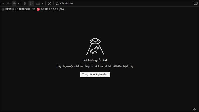 A Vietnamese error message screen displaying 'Mã không tồn tại' (Code does not exist) with a UFO icon, related to a BINANCE:USDT pair.