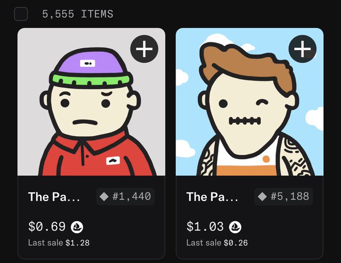 A digital marketplace displays two cartoon avatar NFT listings from a collection of 5,555 items, showing 'The Pa...' items #1,440 ($0.69) and #5,188 ($1.03) with last sale prices listed.