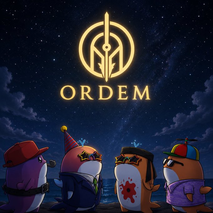 Four cartoon penguins wearing various accessories (a red cap, party hat with star glasses, beret, and propeller beanie) stand beneath a glowing golden logo reading "ORDEM" against a starry night sky, likely promoting the Ordem NFT project's upcoming mint and giveaway.
