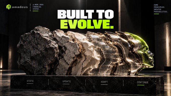 An Amadeus promotional graphic with the text 'BUILT TO EVOLVE.' and 'A MORE OPEN FINANCIAL SYSTEM' featuring a 3D sculpture of a head transforming from rough stone into polished glass on a base labeled 'STATE, UPDATE, ADAPT, CONTINUE'.
