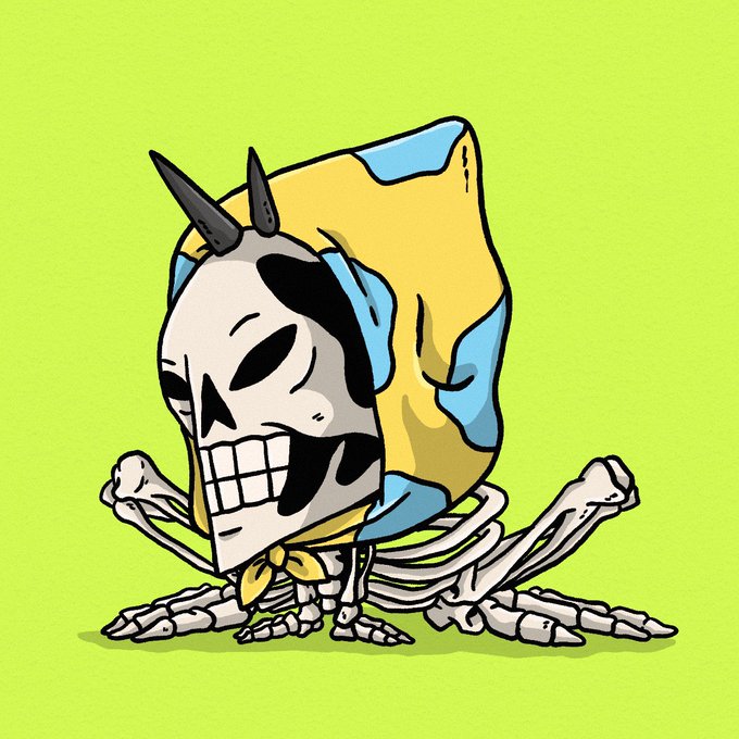 A cartoon illustration of a skeleton wearing a blue and yellow horned hood and a yellow bandana, sitting against a bright green background.
