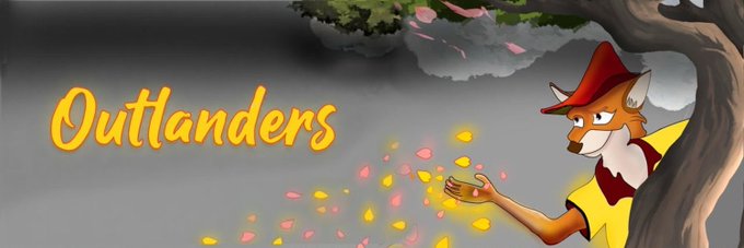 An illustrated banner featuring an anthropomorphic fox wearing a yellow shirt and red scarf, holding out its hand as colorful flower petals drift by, with the title 'Outlanders' in yellow cursive text.