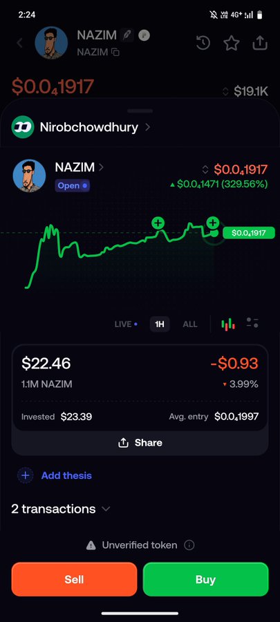 A mobile cryptocurrency trading app screenshot showing the NAZIM token with a price of $0.01917 (up 329.56%), current value of $22.46 (down $0.93 or 3.99%), an invested amount of $23.39, and Sell/Buy buttons at the bottom.