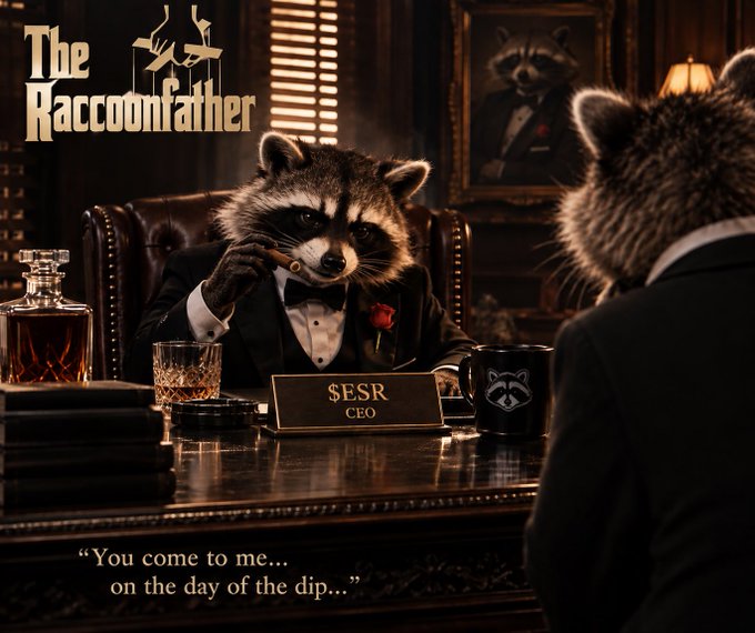 A meme-style image titled "The Raccoonfather" showing raccoons in a Godfather movie setting, with a raccoon CEO holding a cigar and the quote "You come to me... on the day of the dip..." alongside a $ESR nameplate.
