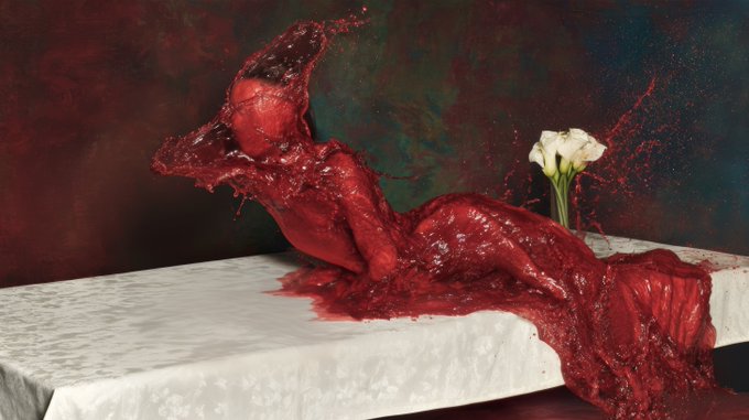 A surreal and gruesome image shows a figure on a white-clothed table being splattered by a massive wave of red liquid resembling blood, with a vase of white flowers in the background.