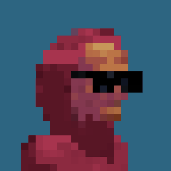 A heavily pixelated, stylized portrait of a face in red and orange tones against a teal background, wearing dark rectangular sunglasses.