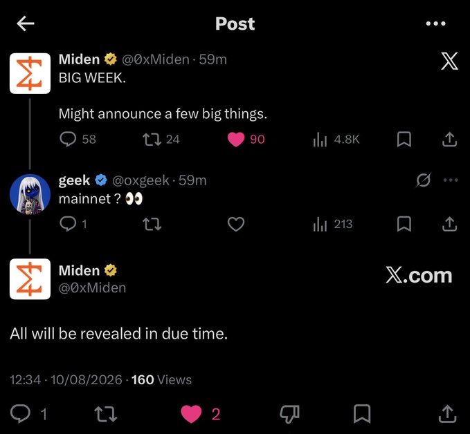 A screenshot of an X (Twitter) post thread from Miden (@0xMiden) hinting at major announcements and a potential mainnet launch, with users speculating about upcoming news.