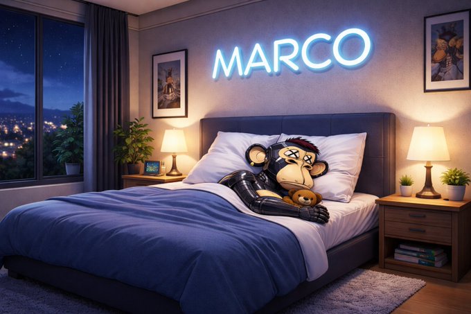 A stylized bedroom scene at night features a neon sign reading "MARCO" above a bed where a monkey-like character rests with a teddy bear, surrounded by lamps and city views.