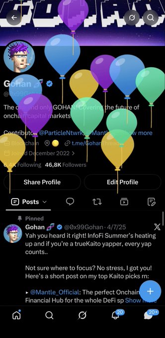 A Twitter/X profile page for user @0x99Gohan (display name 'Gohan'), showing 46.8K followers, a pinned post about InfoFi Summer, and overlaid colorful balloons.