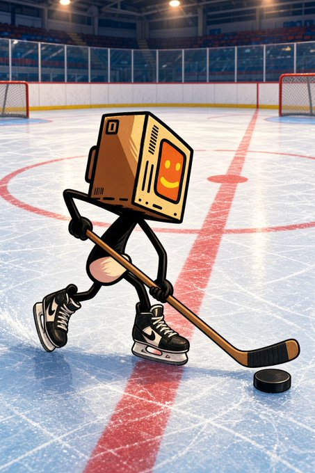 An illustration of a robot character with a computer monitor for a head, displaying a smiley face, playing ice hockey on an ice rink while wearing Nike sneakers.