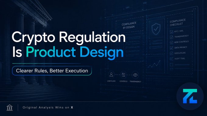 A dark blue graphic titled "Crypto Regulation Is Product Design" with the subtitle "Clearer Rules, Better Execution" features a compliance checklist and is labeled "Original Analysis Wins on X".