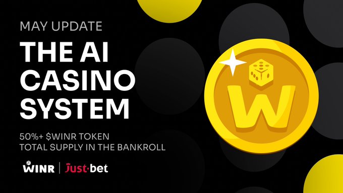 The image shows a black background with a gold coin at the center. Below the coin, there is text that reads "The AI Casino System". The text also mentions that over the last month, they have aligned their entire ecosystem around creating games with AI. This includes the website, token model, and roadmap.