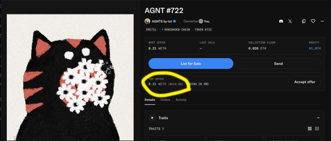NFT marketplace listing for 'AGNT #722' featuring a black cat artwork with daisies, showing a top offer of 0.21 WETH highlighted in yellow.