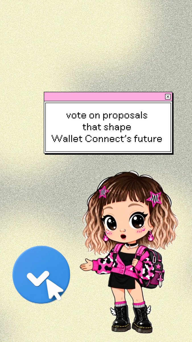 A digital illustration of a girl with brown pigtails and a pink backpack standing beside a blue checkmark icon and a popup window reading 'vote on proposals that shape Wallet Connect's future'.